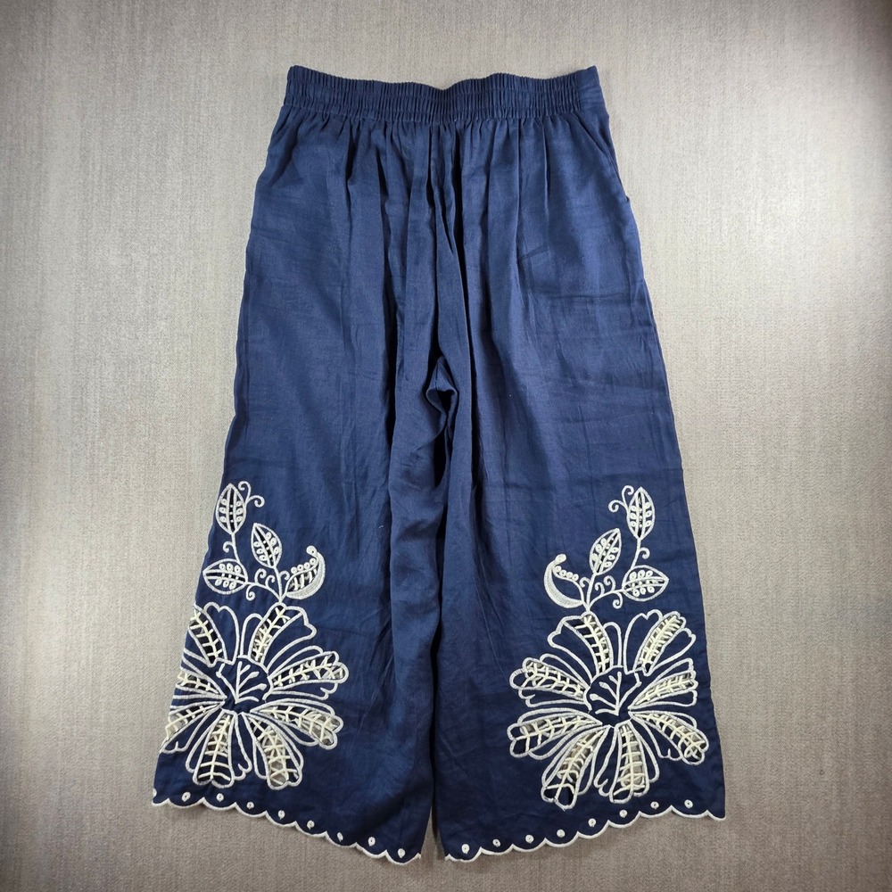 Christian Siriano Pants Womens Medium Blue Linen Blend Embroidered Eyelet Crop - Picture 2 of 16